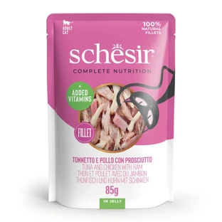 SCHESIR Complete Nutrition Thon, Poulet et Jambon, sachet de nourriture humide pour chats, (en aspic), 85g
