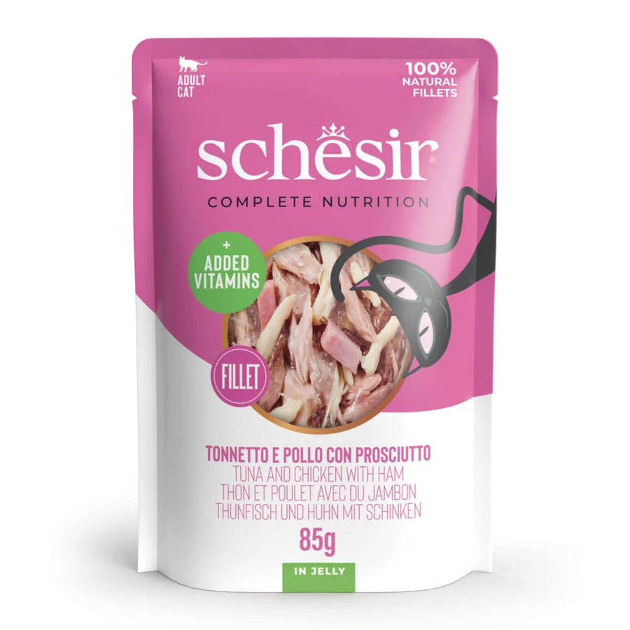 SCHESIR Complete Nutrition Thon, Poulet et Jambon, sachet de nourriture humide pour chats, (en aspic), 85g