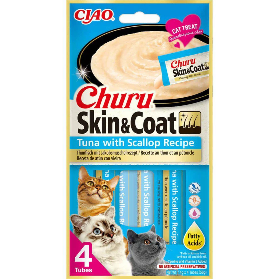 INABA Churu Churu Skin & Coat, thon et coquilles Saint-Jacques, sachet, récompense en tube sans céréales pour chats, peau et poils, (purée), 56g
