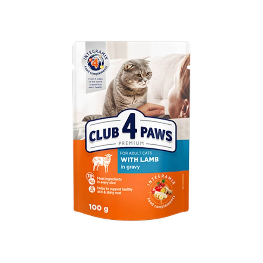 CLUB 4 PAWS Premium, Lam, zakje nat kattenvoer, (in saus), 100g