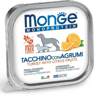 MONGE Monoprotein, XS-XL, Pavo y Fruta, comida húmeda para perros, sin cereales, 150g (paté)