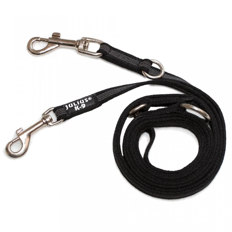 JULIUS-K9 Color & Gray, double adjustable leash with leash handle for dogs, 2 dogs, 50kg, textile, tape, 20mm x 2.2m, black