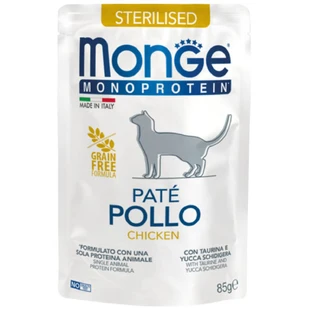 MONGE Monoprotein Sterilized, Kip, zakje enkelvoudig eiwit natvoer, graanvrij, voor gesteriliseerde katten, (pate), 85g