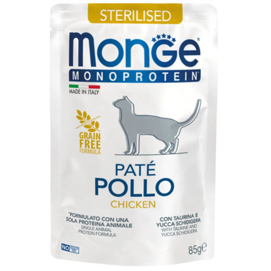 MONGE Monoprotein Sterilized, Kip, zakje enkelvoudig eiwit natvoer, graanvrij, voor gesteriliseerde katten, (pate), 85g