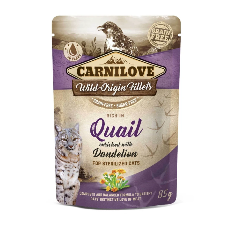 CARNILOVE Sterilized, Filete de Codorniz con Diente de León, sobre de comida húmeda sin cereales para gatos esterilizados, (en salsa), 85g