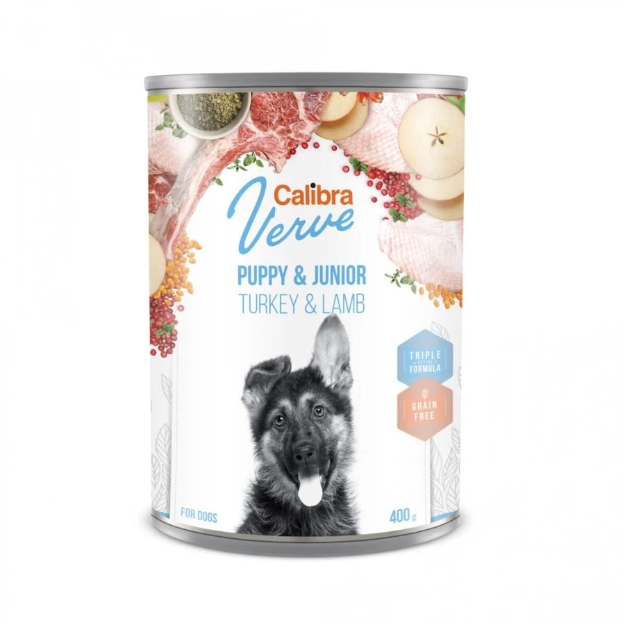 CALIBRA Verve GF Puppy&Junior, XS-XL, Pute und Lamm, getreidefreies Nassfutter in Dosen für junge Hunde, (Pastete), 400g