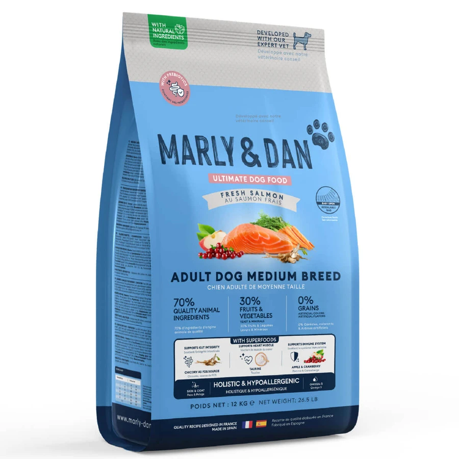 MARLY&DAN Adult Medium Breed, M, Zalm, graanvrij droogvoer voor honden, 4kg