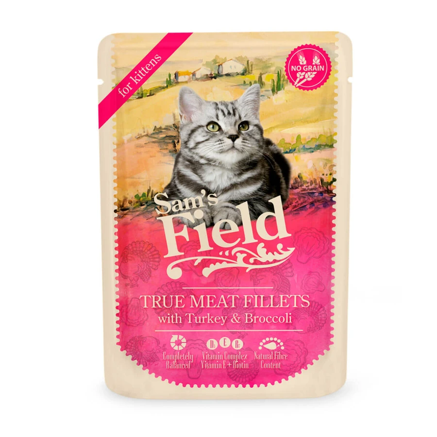 SAM'S FIELD True Meat Fillets Kitten, Turkey and Broccoli, sachet grain-free wet food for junior cats, (in sauce), 85g