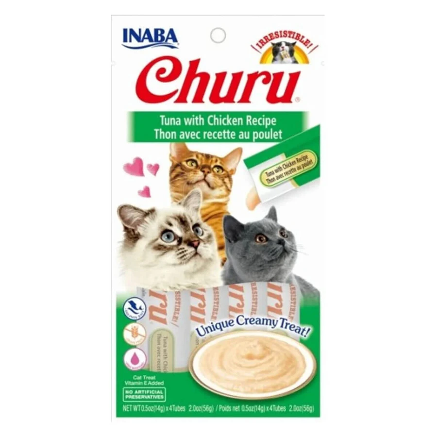 INABA Churu Churu Cremoso, Atún y Pollo, comida para gatos sin cereales, (puré), 56g