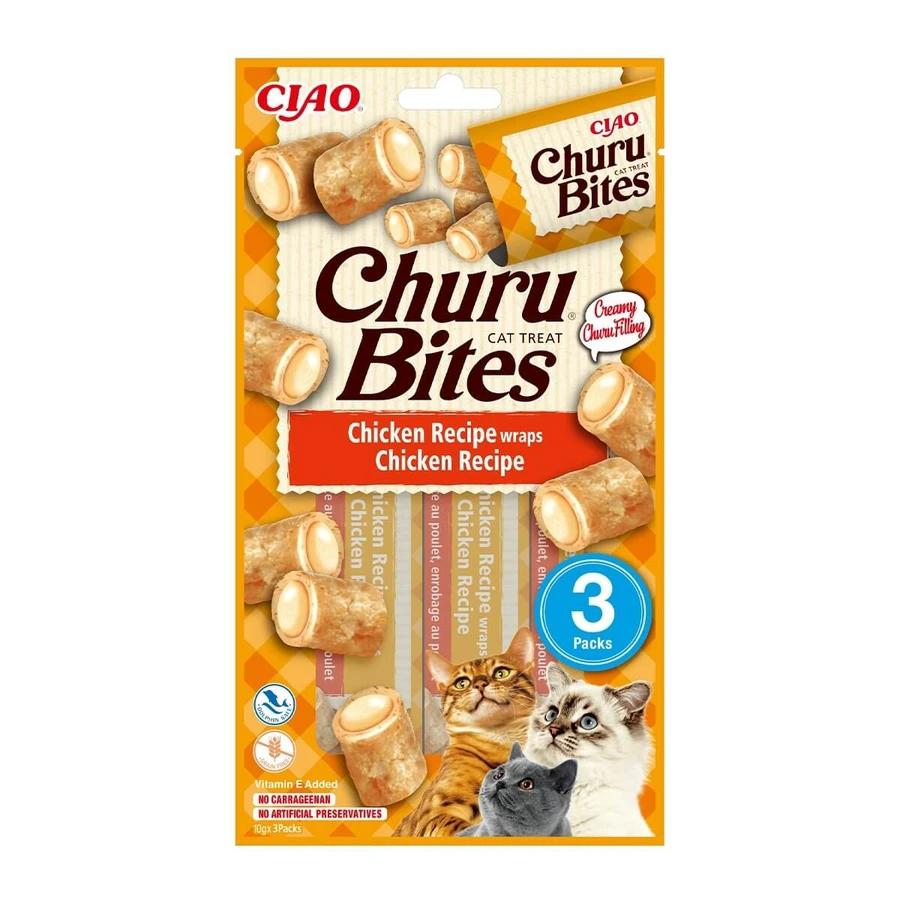 INABA CIAO Churu Bites, Huhn, getreidefreie Katzenleckerlis, gefüllte Pellets, 10g x 3