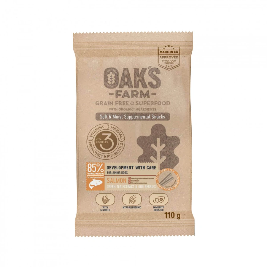 OAK'S FARM Desarrollo con Cuidado, Salmón, bolsa de recompensa funcional sin cereales perros junior, 110g