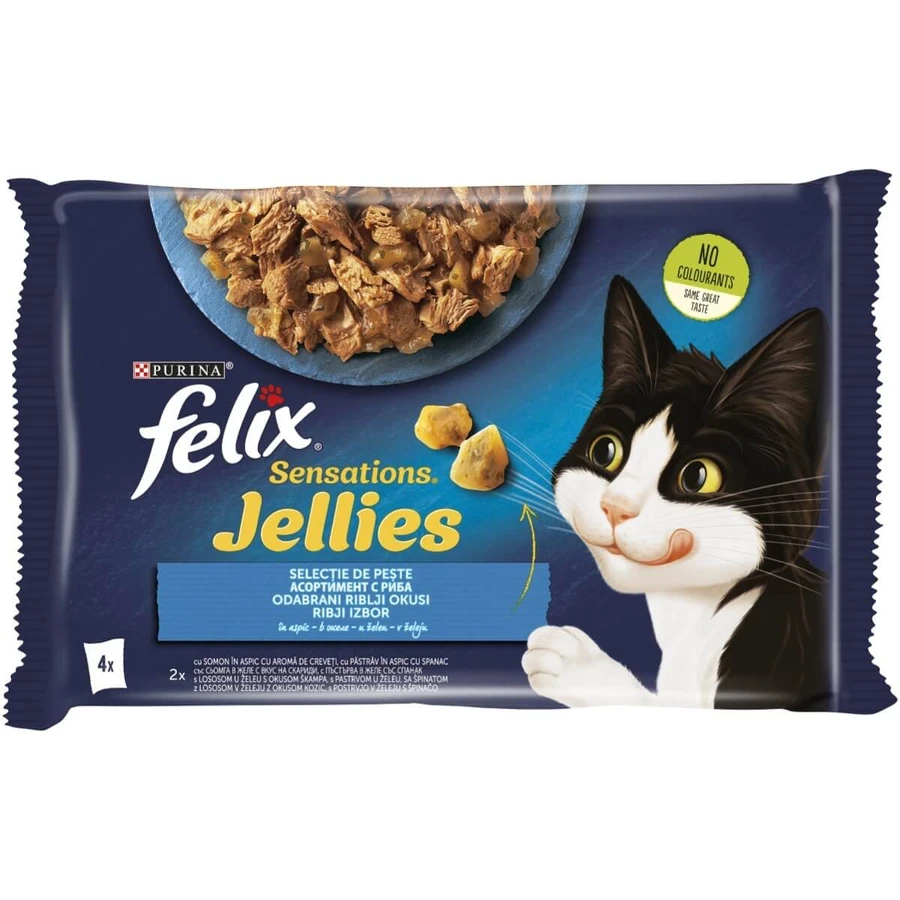PURINA Felix Sensations, 2 smaken (Zalm en Pastrav), gemengde verpakking, zakjes nat kattenvoer, (in aspic), 85g x 4