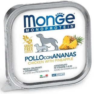 MONGE Monoprotein, XS-XL, Kip en Ananas, enkelvoudig eiwit, graanvrij nat hondenvoer, (paté), 150g