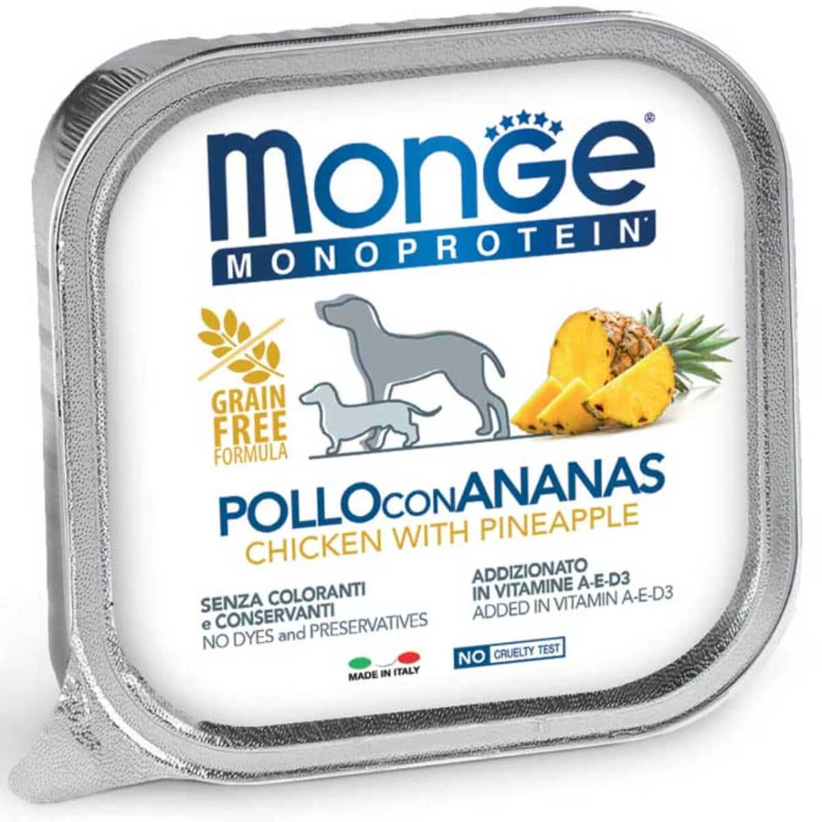 MONGE Monoprotein, XS-XL, Kip en Ananas, enkelvoudig eiwit, graanvrij nat hondenvoer, (paté), 150g
