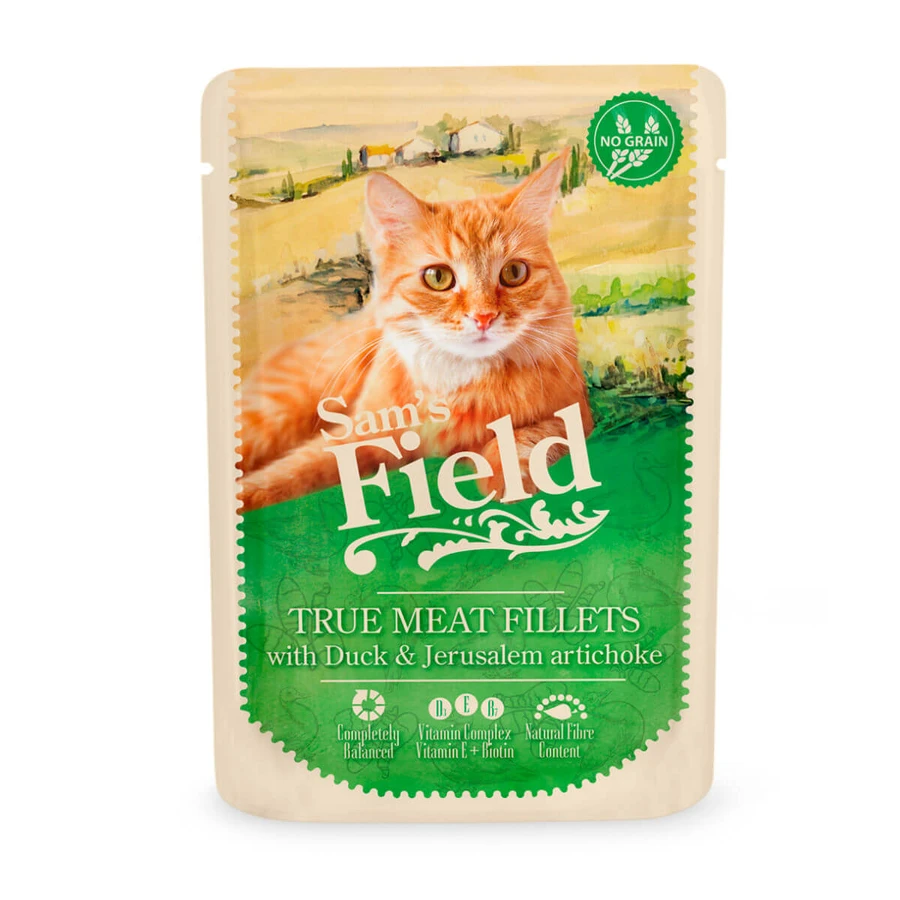 SAM'S FIELD True Meat Fillets, Pato, sobre de comida húmeda para gatos sin cereales, (en salsa), 85g