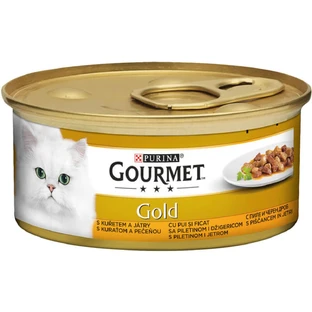 PURINA Gourmet Gold, Pollo e Hígado, comida húmeda en lata para gatos, (trozos en salsa), 85g