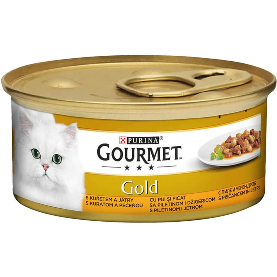 PURINA Gourmet Gold, Pollo e Hígado, comida húmeda en lata para gatos, (trozos en salsa), 85g