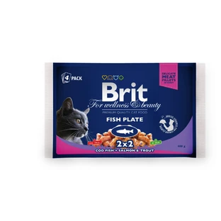 BRIT Premium Multipack Fischplatte, 2 Geschmacksrichtungen, Mischpackung, Beutel Katzennassfutter, (in Sauce), 100g x 4