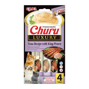 INABA Churu Luxury, Atún y Gambas, bolsa de recompensa sin cereales para gatos, (puré), 56g