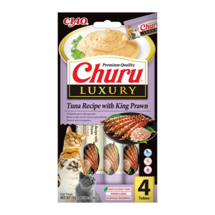 INABA Churu Luxury, Atún y Gambas, bolsa de recompensa sin cereales para gatos, (puré), 56g