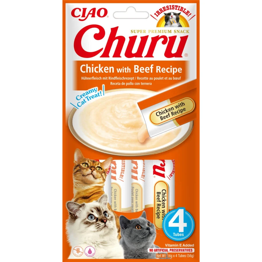 INABA Churu, Huhn und Rind, Beutel, getreidefreie Belohnungsröhre Katzen, (Topping), 56g