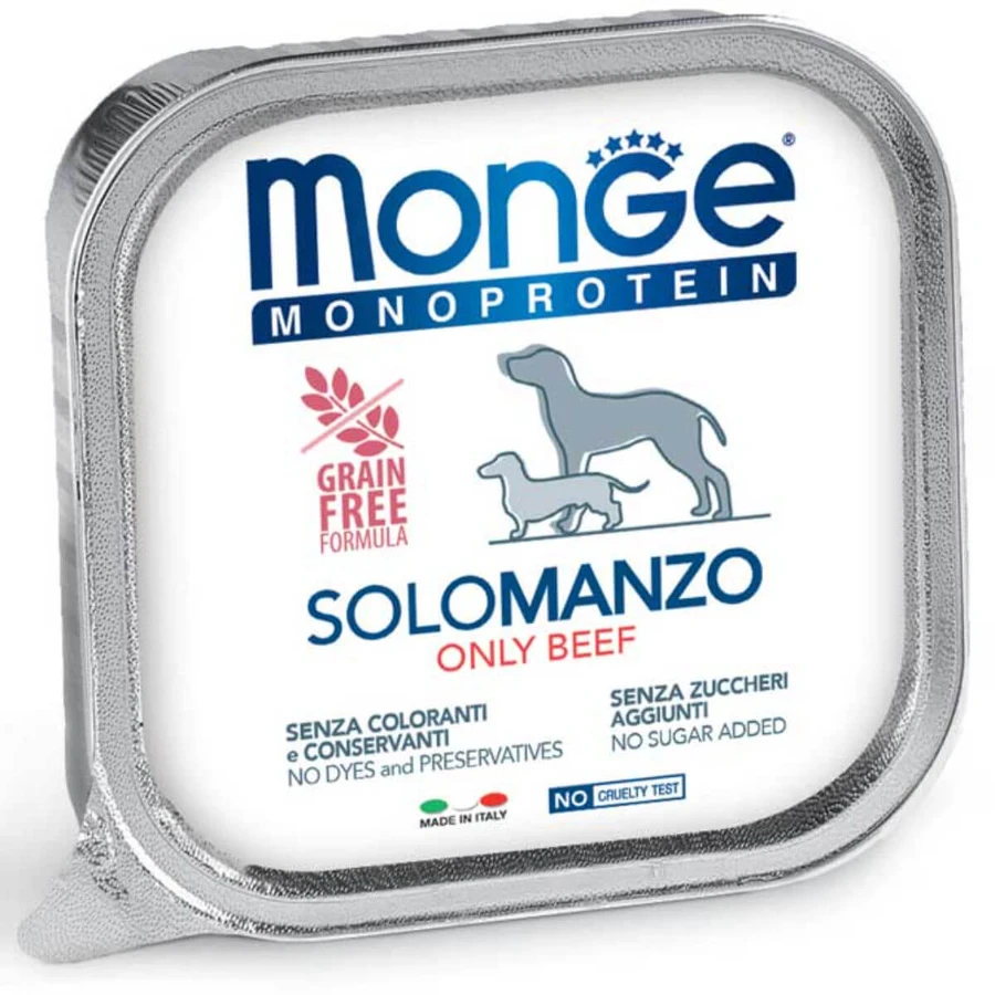 MONGE Monoprotein, XS-XL, Beef, tray, single protein grain-free wet food for dogs, (paté), 150g