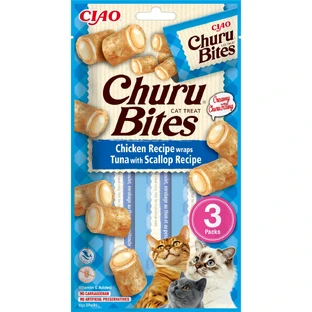 INABA Churu Bites, Poulet, Thon et Coquilles Saint-Jacques, sachet, récompenses pour chats sans céréales, semi-malin, 30g