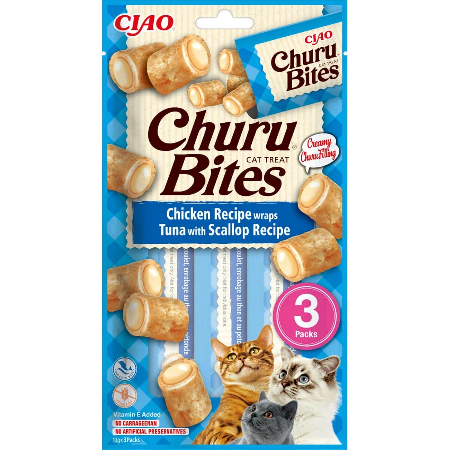 INABA Churu Bites, Poulet, Thon et Coquilles Saint-Jacques, sachet, récompenses pour chats sans céréales, semi-malin, 30g