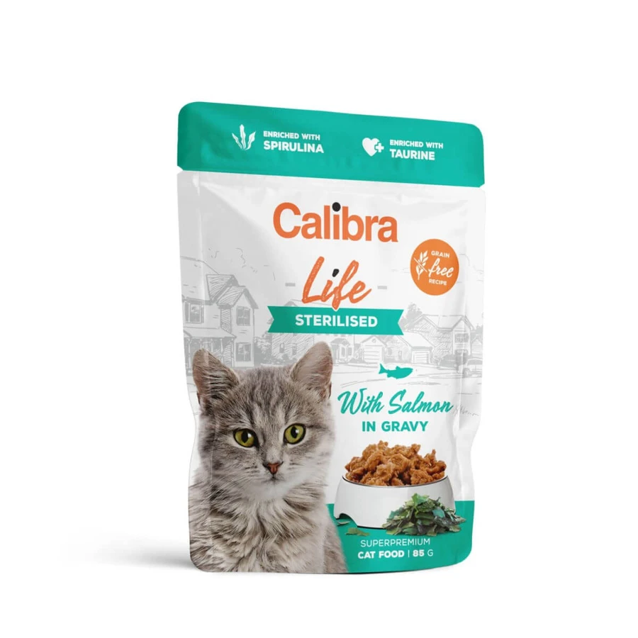 CALIBRA Life Sterilized, Salmón, sobre de comida húmeda sin cereales para gatos esterilizados, (en salsa), 85g