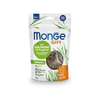 MONGE Cadeau Haarbal Gevuld & Knapperig, Zalm en Kattenkruid, functioneel graanvrij traktatiezakje voor katten, haarbal beperking, 60g