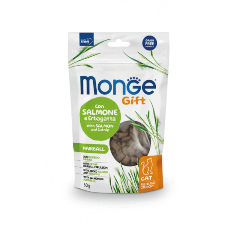 MONGE Cadeau Haarbal Gevuld & Knapperig, Zalm en Kattenkruid, functioneel graanvrij traktatiezakje voor katten, haarbal beperking, 60g
