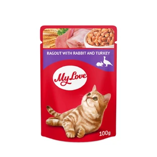 MY LOVE, Konijn en Kalkoen, zakje natvoer voor katten, (in saus), 85g