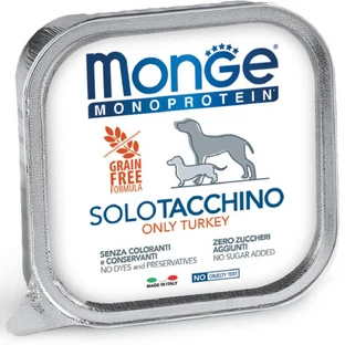 MONGE Monoprotein, XS-XL, Truthahn, Schale, Einzelprotein, getreidefreies Nassfutter für Hunde, (Pastete), 150g
