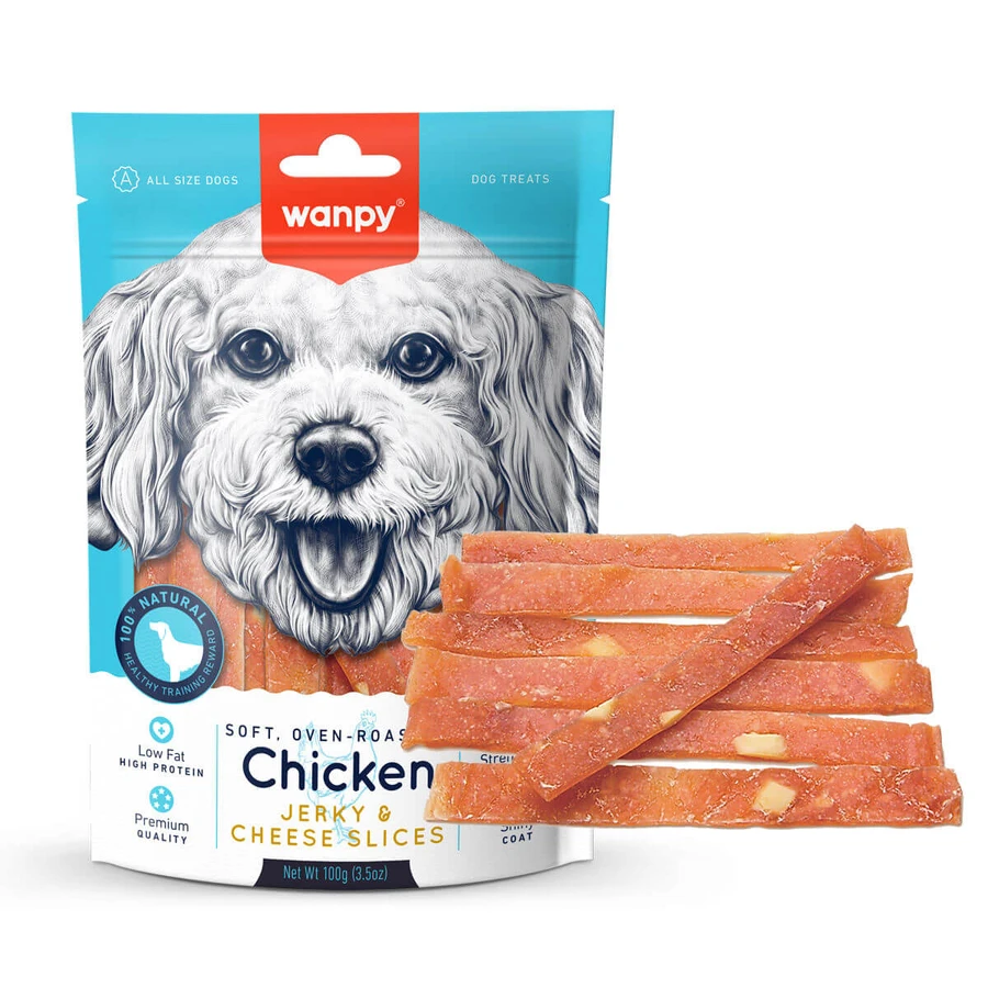 WANPY Jerky & Cheese Slices, XS-M, Pollo & Queso, bolsa de recompensa perros, (puré), 70g