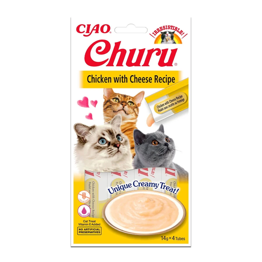 INABA CIAO Churu Churu Püree, Huhn mit Käse, flüssige getreidefreie Katzenleckerlis, cremiger Belag, 14g x 4 x 4