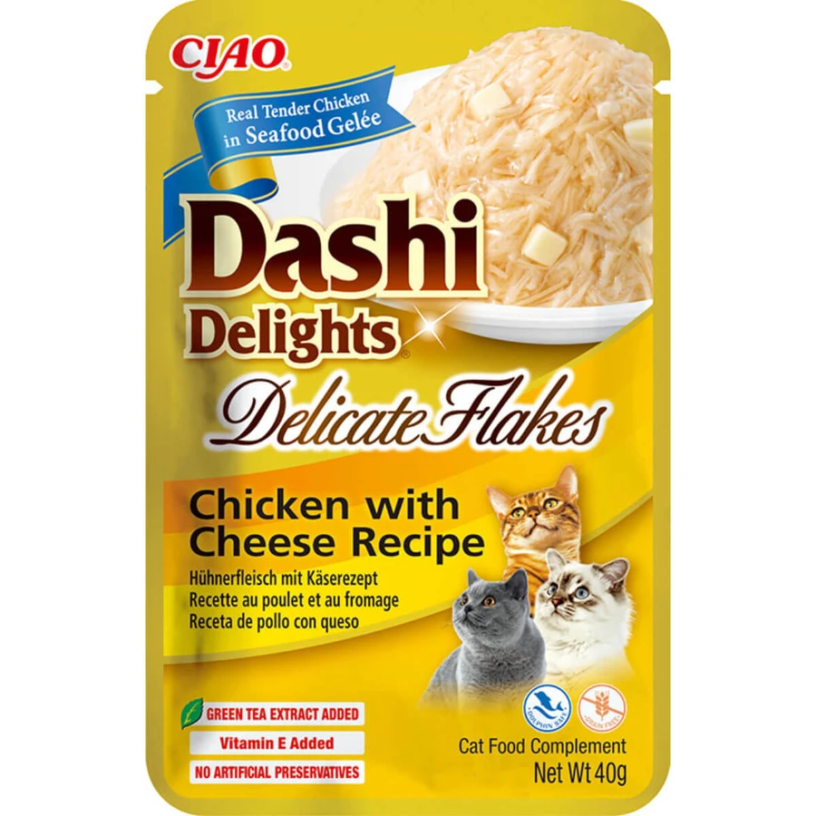 INABA Churu Dashi Delights Delicate Flakes, Chicken and Cheese, sachet of moist, grain-free cat food, (topping), 40g