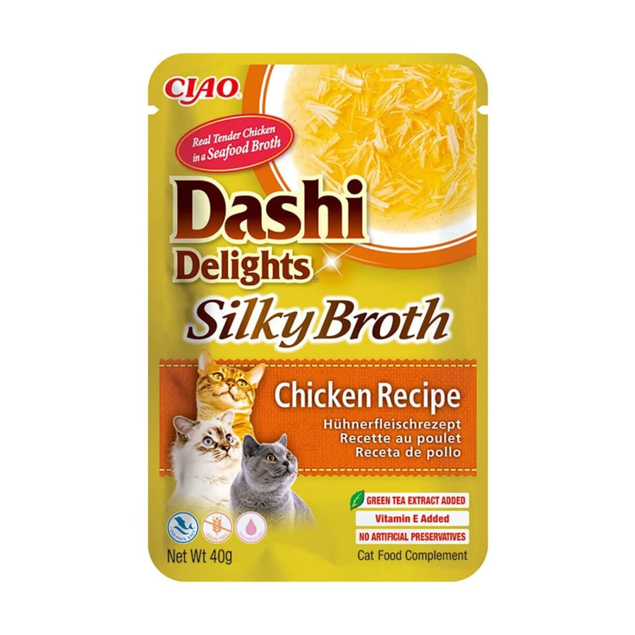 INABA Churu Dashi Delights Seidige Brühe, Huhn, Beutel getreidefreies Katzenfeuchtfutter, (Topping), 40g