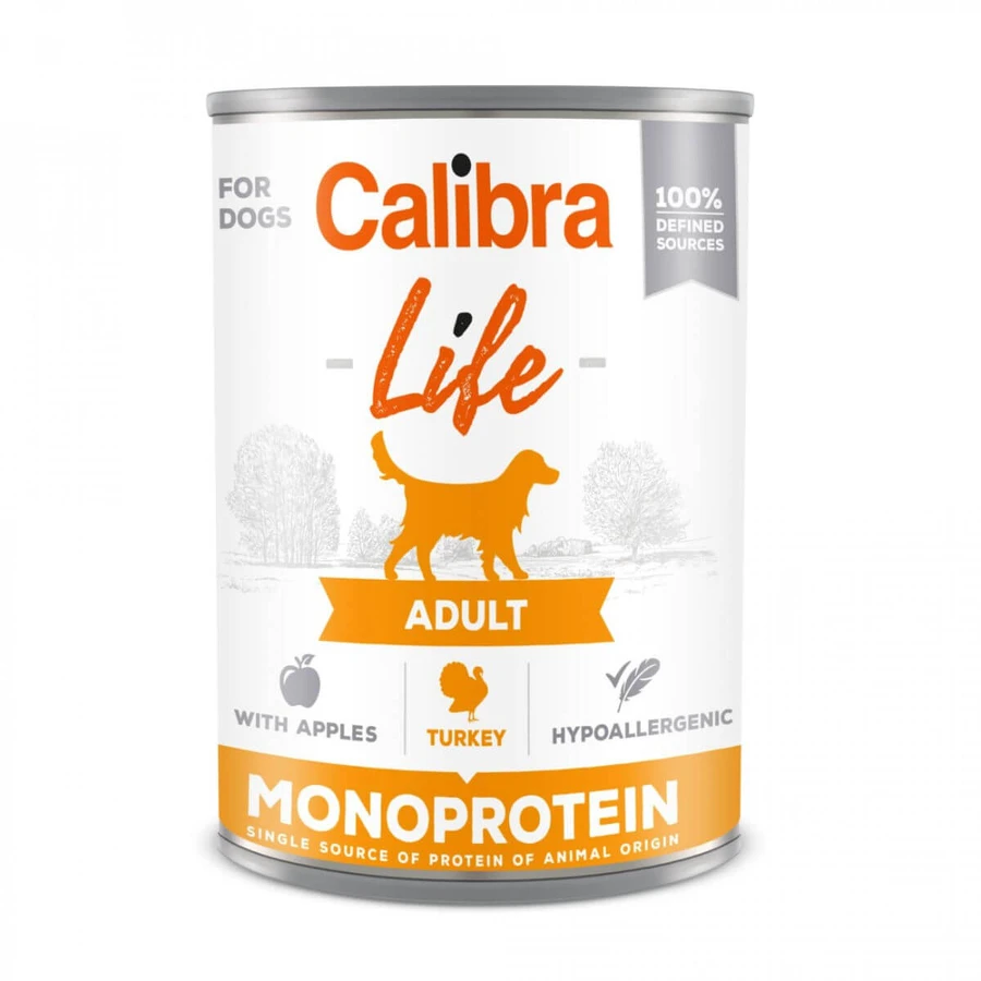 CALIBRA Life, XS-XL, Pavo y Manzanas, comida húmeda en lata para perros, sin cereales y con una sola proteína, (paté), 400g