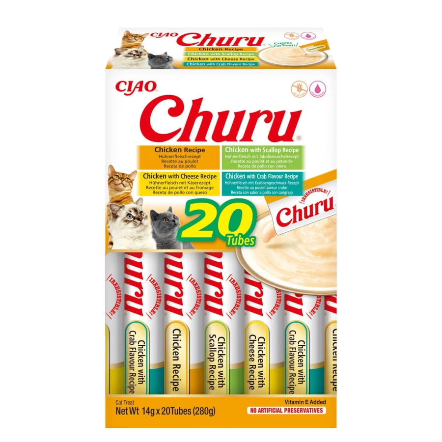 INABA Churu Chicken Varieties (Huhn, Huhn und Jakobsmuscheln, Käse, Shrimps), Dose, getreidefreie Belohnungsröhre, Katzen, (Topping), 280g