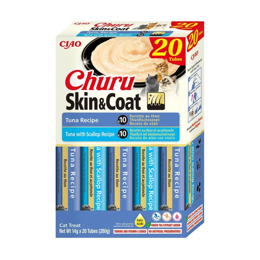 INABA Churu Skin&Coat Tonijnvariëteiten, Tonijn, graanvrije beloningsbox voor katten, (puree), 280g