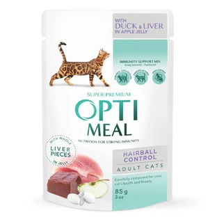 OPTIMEAL Hairball Control, Pato e Hígado, comida húmeda para gatos, control de las bolas de pelo, (en aspic), 85g