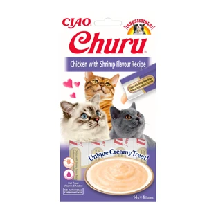 INABA CIAO Churu Churu Puree, Kip en Garnalen, graanvrij vloeibaar kattenvoer, romige topping, 14g x 4 x 4
