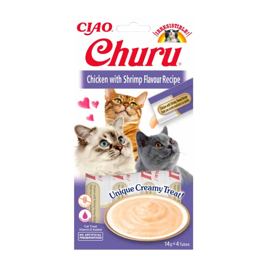 INABA CIAO Churu Churu Puree, Kip en Garnalen, graanvrij vloeibaar kattenvoer, romige topping, 14g x 4 x 4