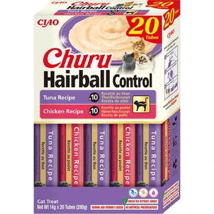 INABA Churu Churu Hairball Control Varieties, Pollo y Atún, caja de recompensa para gatos sin cereales, control de las bolas de pelo, (puré), 280g