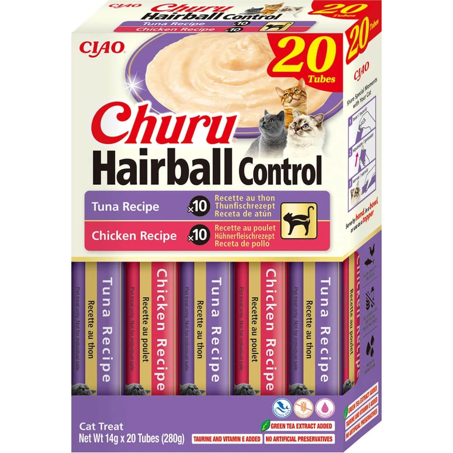 INABA Churu Haarbal Controle Variaties, Kip en Tonijn, graanvrije katten beloningsbox, haarbal controle, (puree), 280g