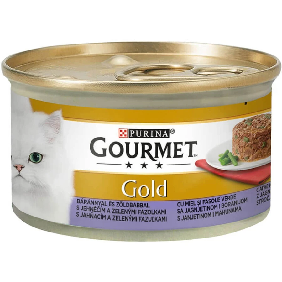 PURINA Gourmet Gold Hartige Taart, Lam met Groene Bonen, nat kattenvoer in blik, (stukjes vlees), 85g