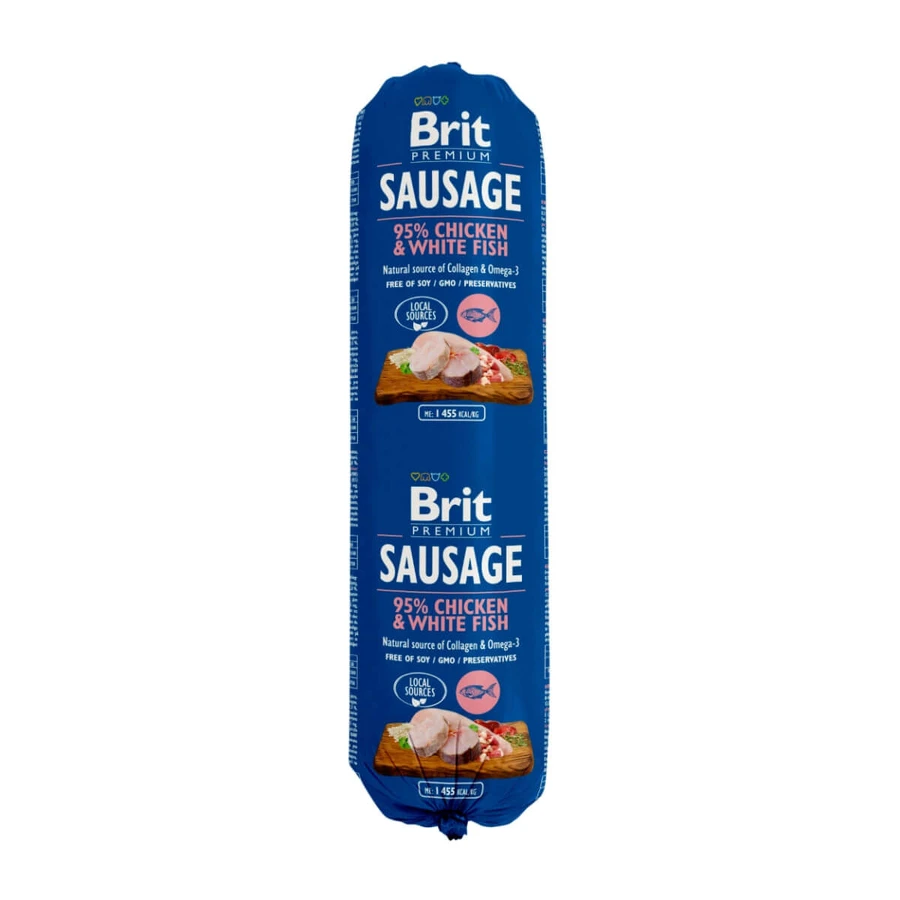 BRIT Premium, kip en witte vis, salami, graanarm natvoer voor honden, 800g