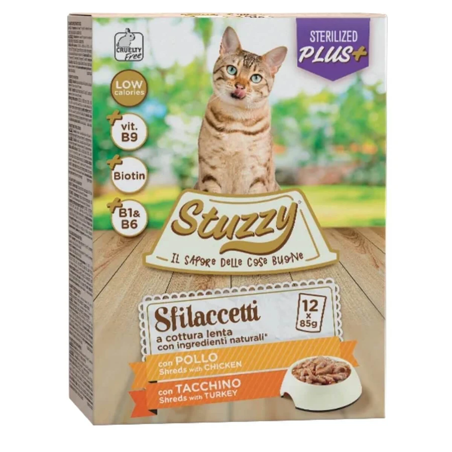 STUZZY Shreds Sterilized Shreds Pack, Poulet et Dinde, sachet de nourriture humide stérilisée pour chat, (en sauce), multipack, 85g x 12pcs