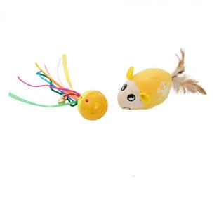 MON PETIT AMI Muis en Bal Set, kattenbak stimulatie speeltje, textiel, geel, 2st