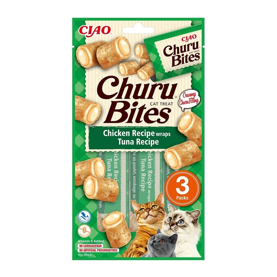 INABA CIAO Churu Bites, Kip en Tonijn, graanvrije kattensnoepjes, gevulde pellets, 10g x 3
